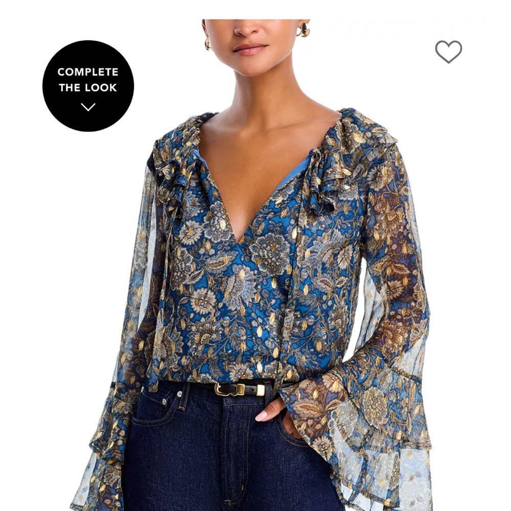 Aqua Metallic Floral Tie-Front Blouse - Blue and Gold